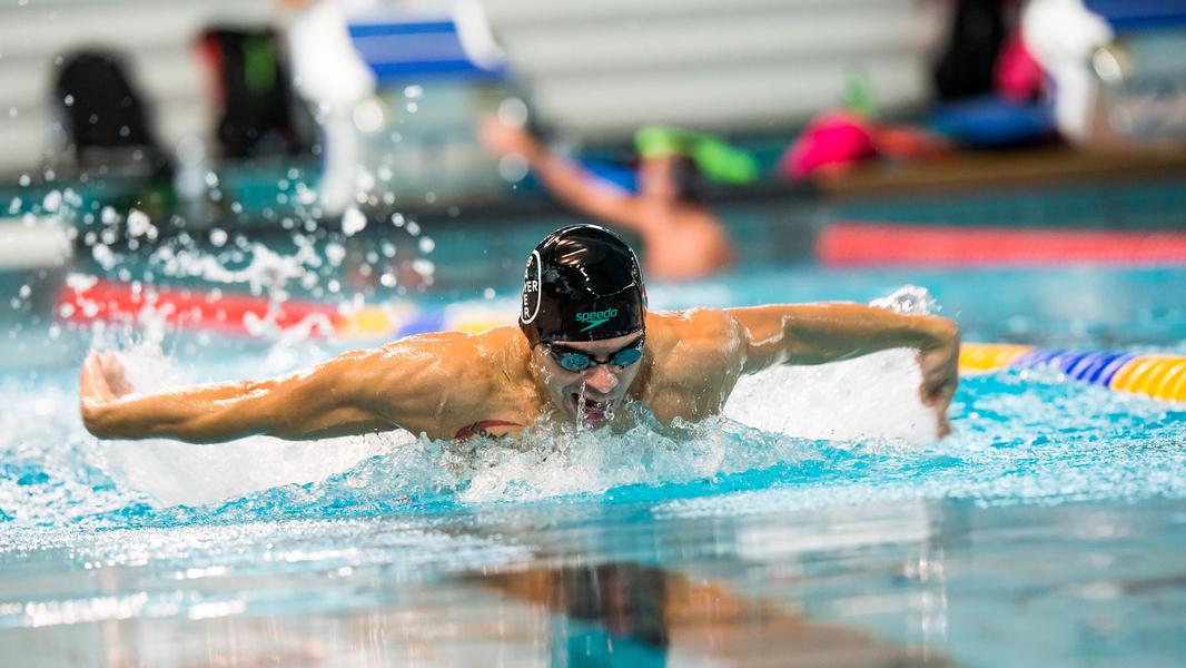 Schwimmer im Wettkampf bei der Schmetterlingsbewegung in einem Hallenbad, Wasser spritzt um ihn herum.